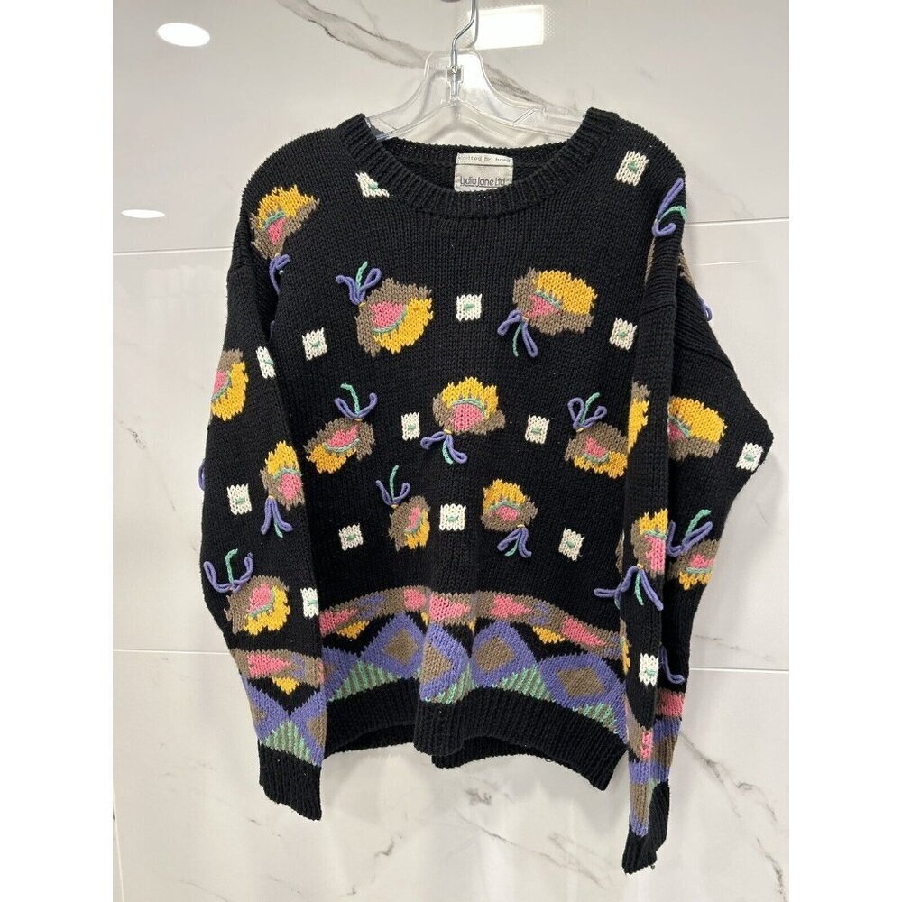 Lydia Jane Hand Knit Floral Sweater Size Large Ramie/Cotton Cottagecore …​